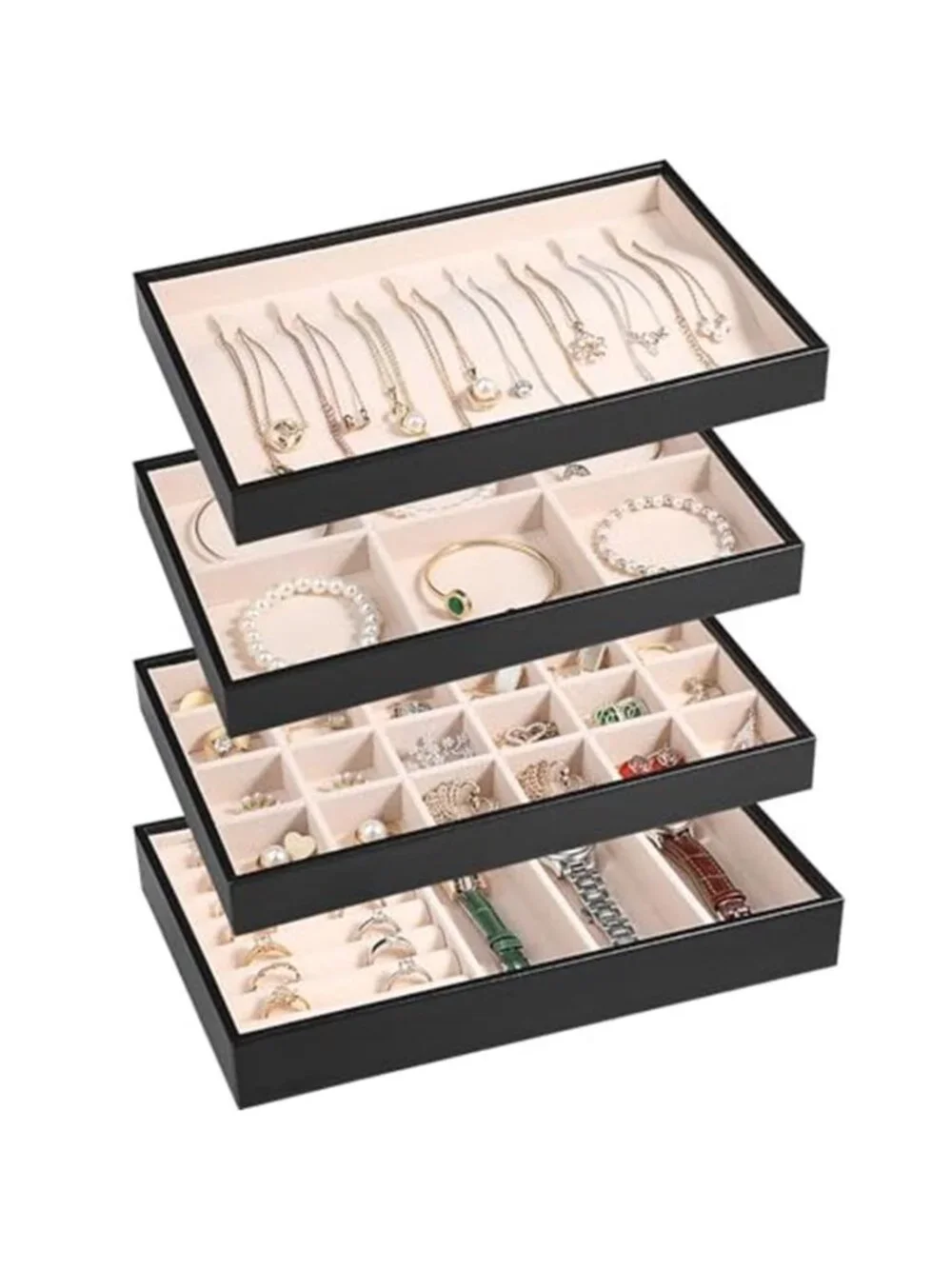 Stackable Jewelry Organizer Trays Set Earring Necklace Ring Bracelet Storage Box